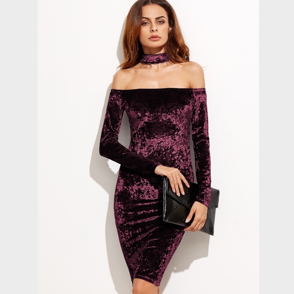 Burgundy Velvet Choker Midi Bodycon Dress - Picture 5 of 7